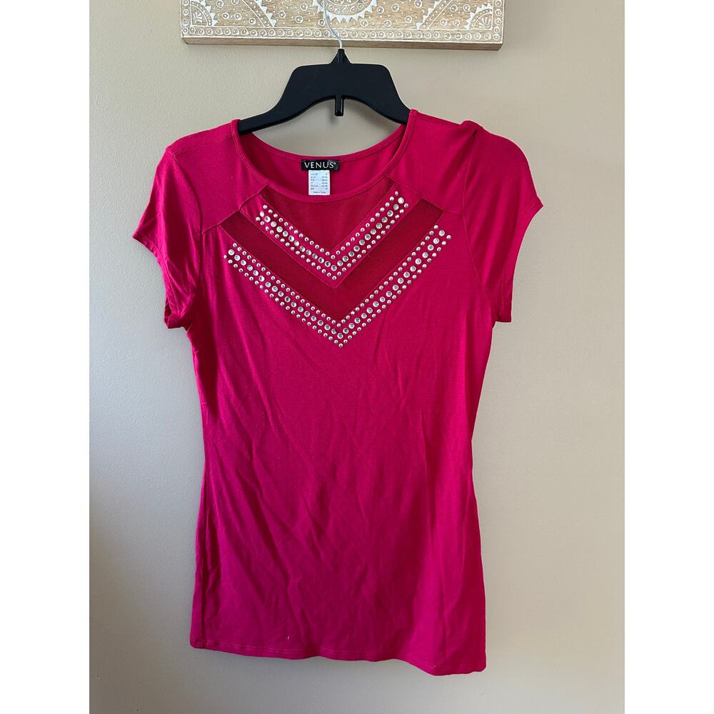 Venus Rose Color Embellished Short Sleeve Blouse Top